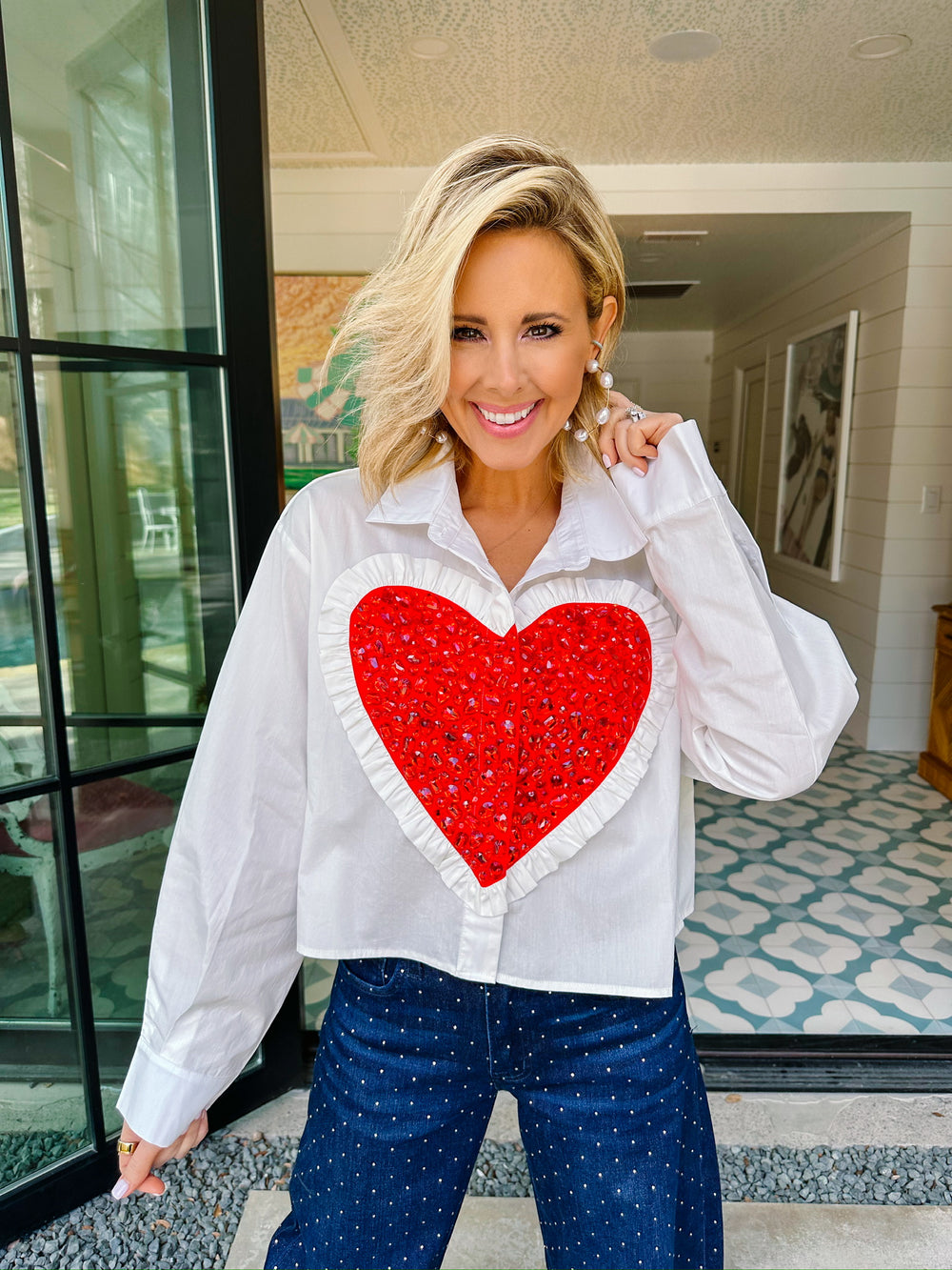 JEWELED RUFFLE HEART BUTTON UP TOP - WHITE