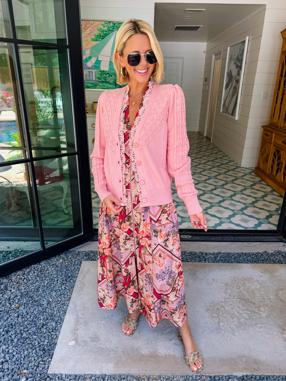LUCILLE LACE TRIM POM KNOT CARDIGAN - PINK