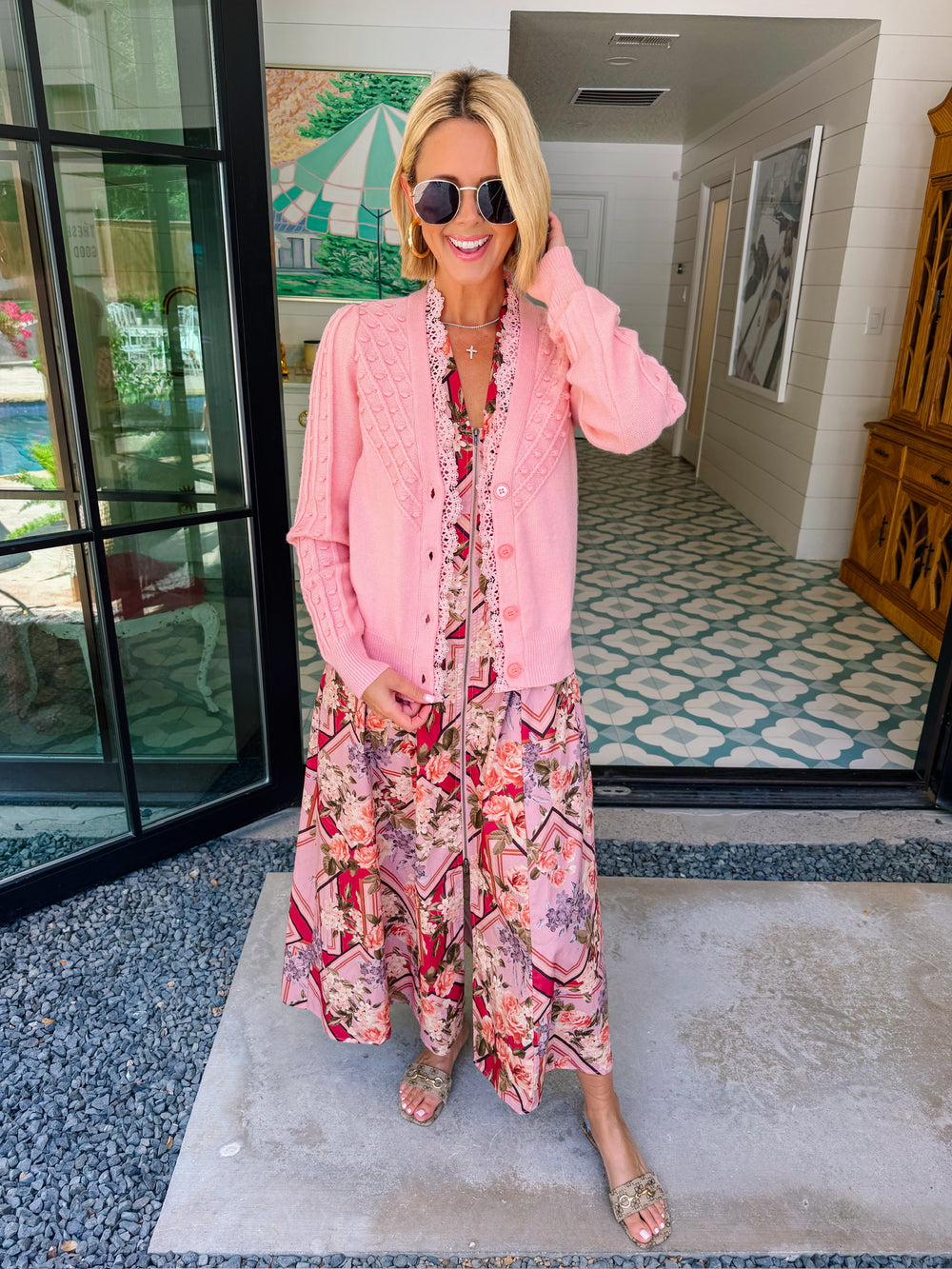 LUCILLE LACE TRIM POM KNOT CARDIGAN - PINK