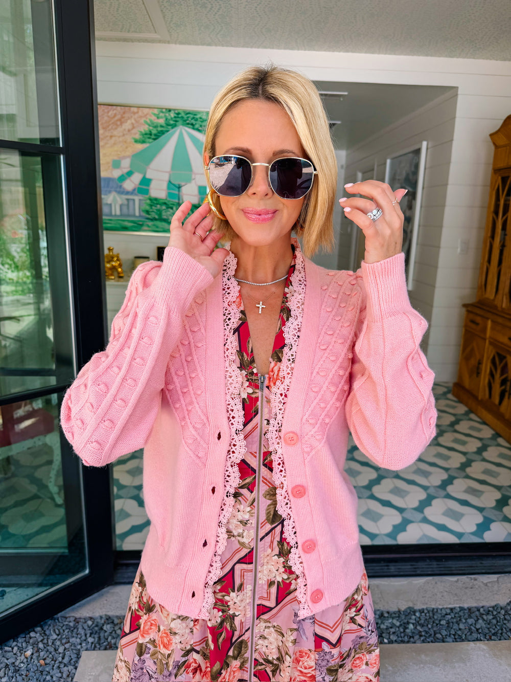 LUCILLE LACE TRIM POM KNOT CARDIGAN - PINK
