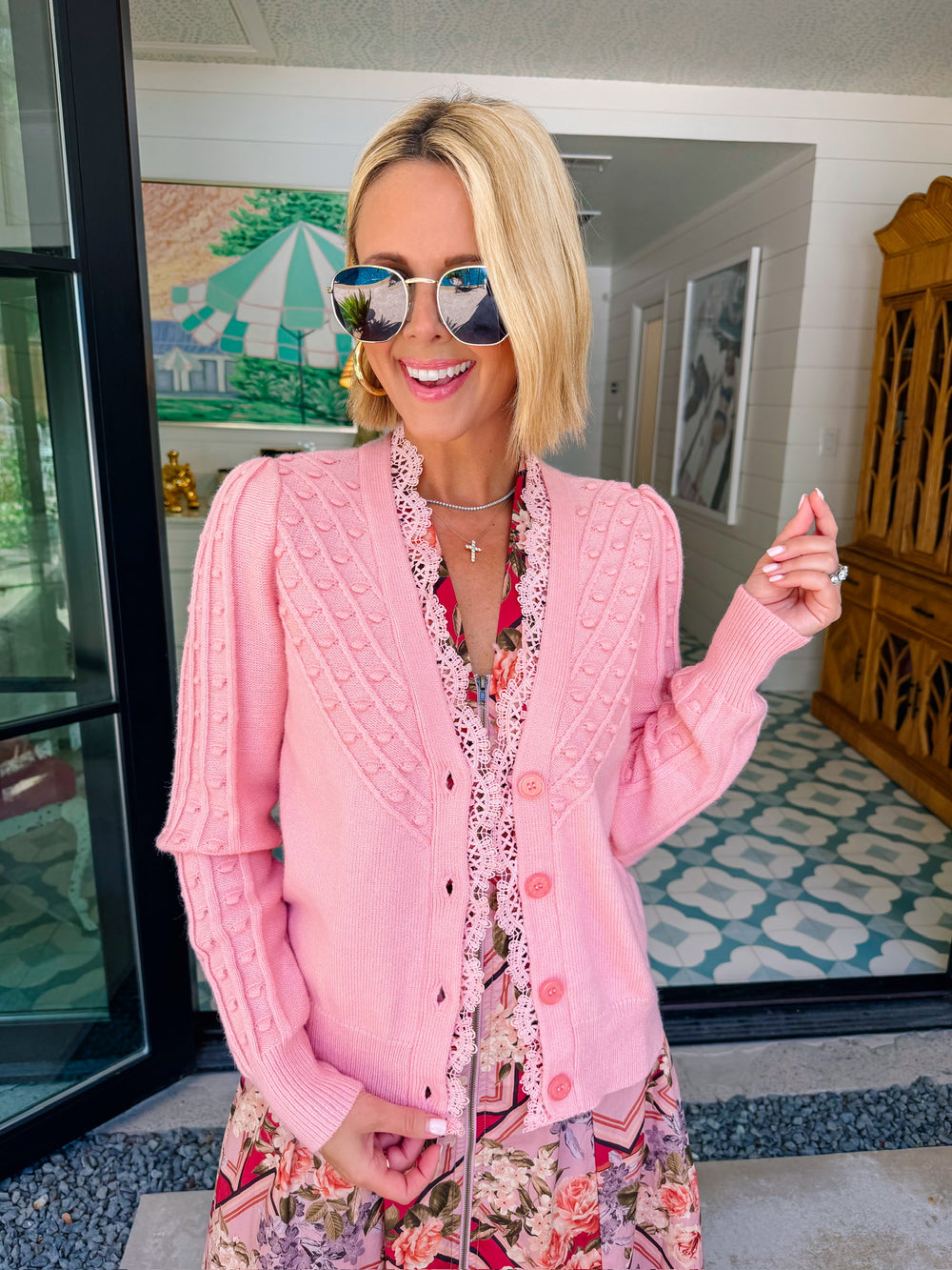 LUCILLE LACE TRIM POM KNOT CARDIGAN - PINK