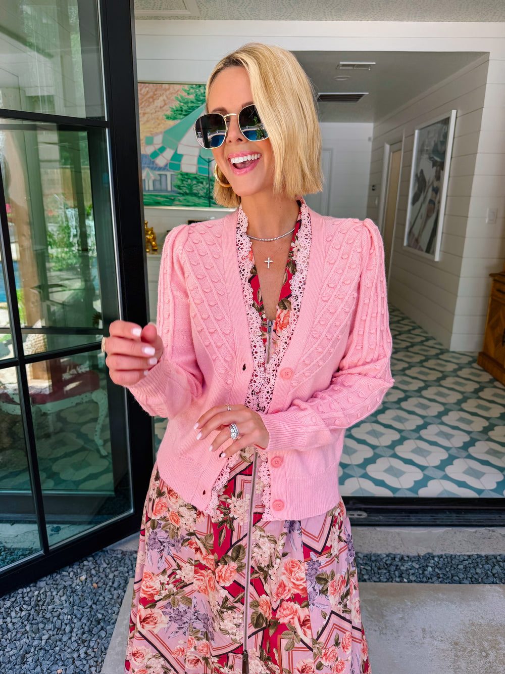 LUCILLE LACE TRIM POM KNOT CARDIGAN - PINK
