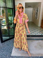 ZENI FLORAL STRIPE RUFFLE MAXI DRESS - GOLDEN PINK