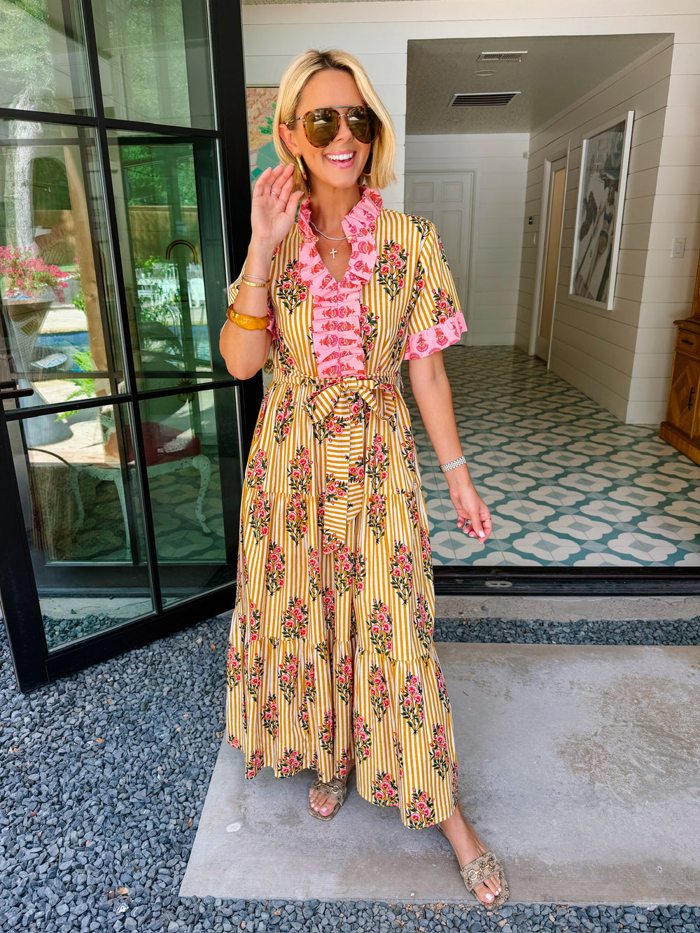 ZENI FLORAL STRIPE RUFFLE MAXI DRESS - GOLDEN PINK