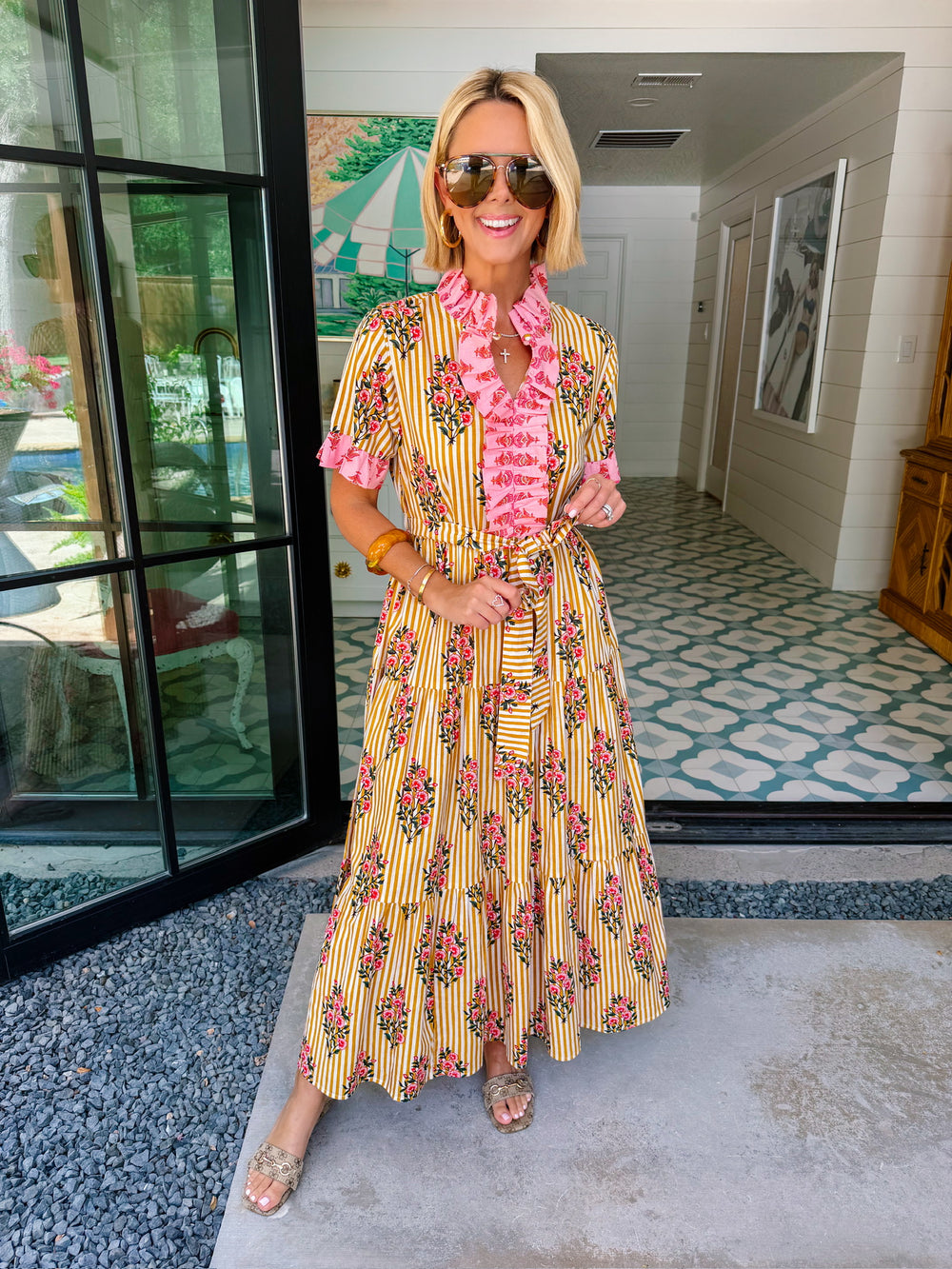 ZENI FLORAL STRIPE RUFFLE MAXI DRESS - GOLDEN PINK