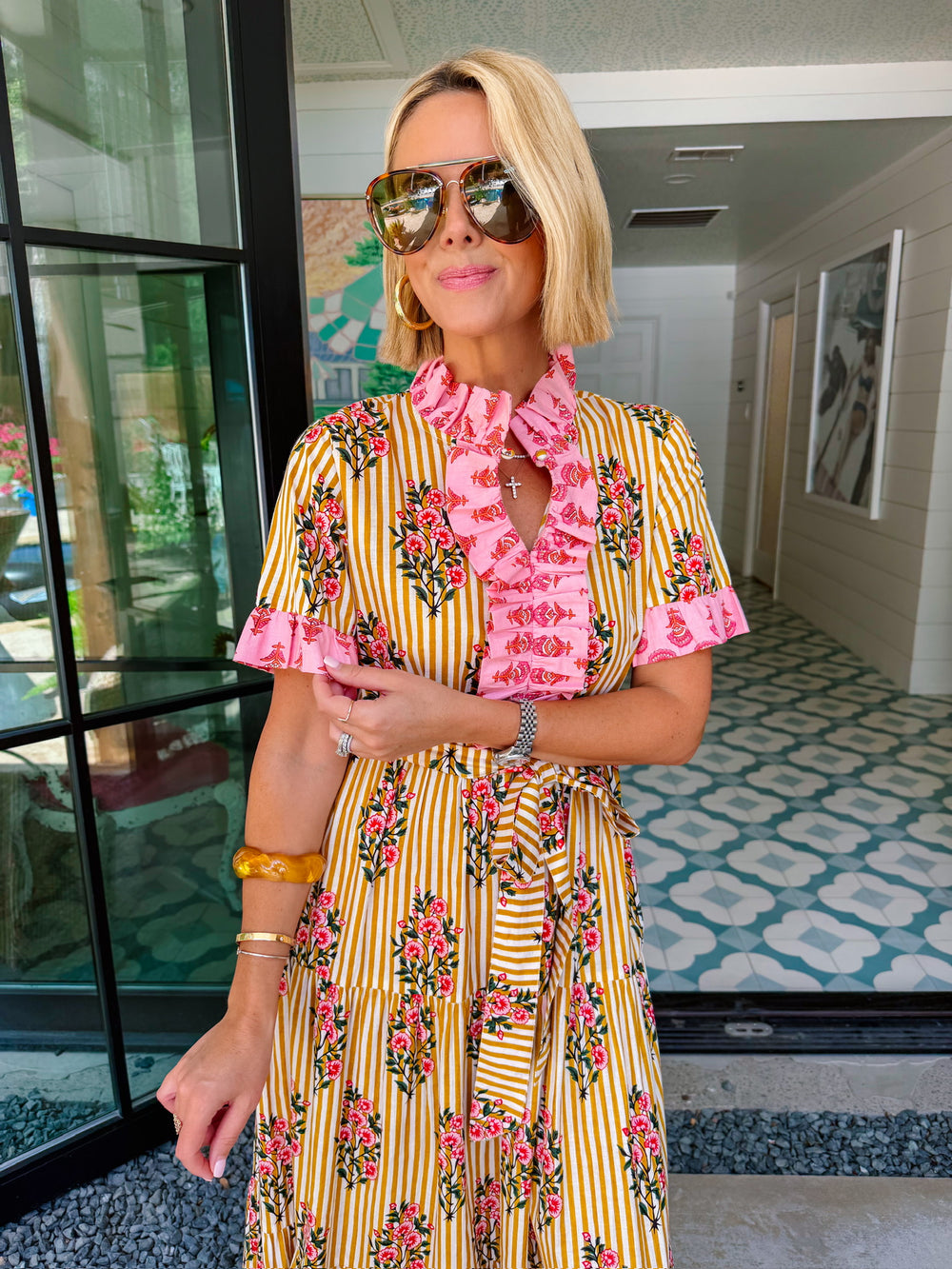 ZENI FLORAL STRIPE RUFFLE MAXI DRESS - GOLDEN PINK