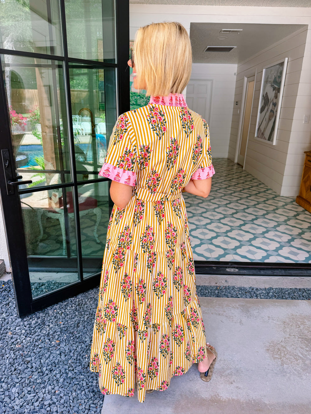 ZENI FLORAL STRIPE RUFFLE MAXI DRESS - GOLDEN PINK