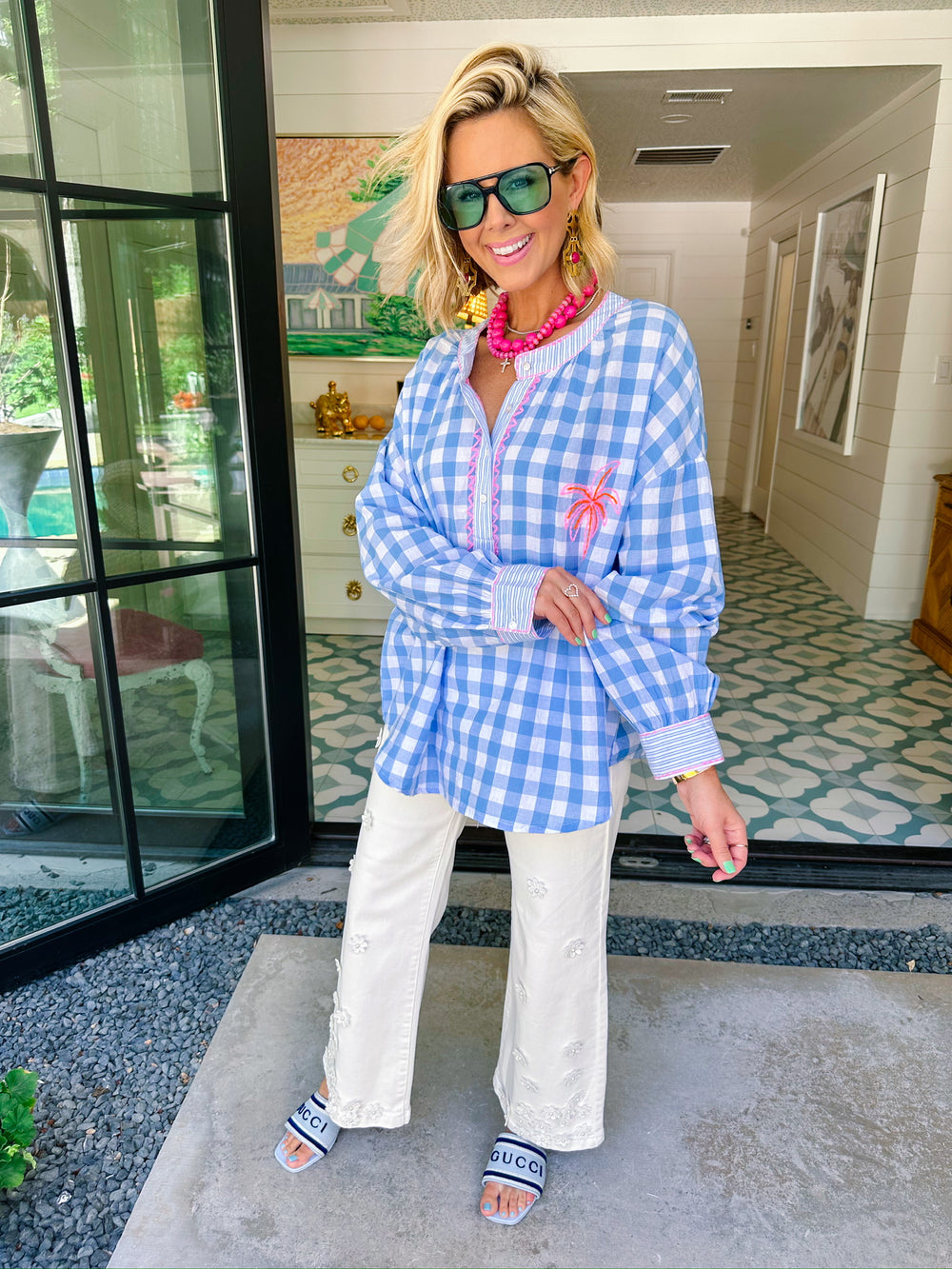 HIDDEN PARADISE PALMS GINGHAM LONGSLEEVE TOP - BLUE