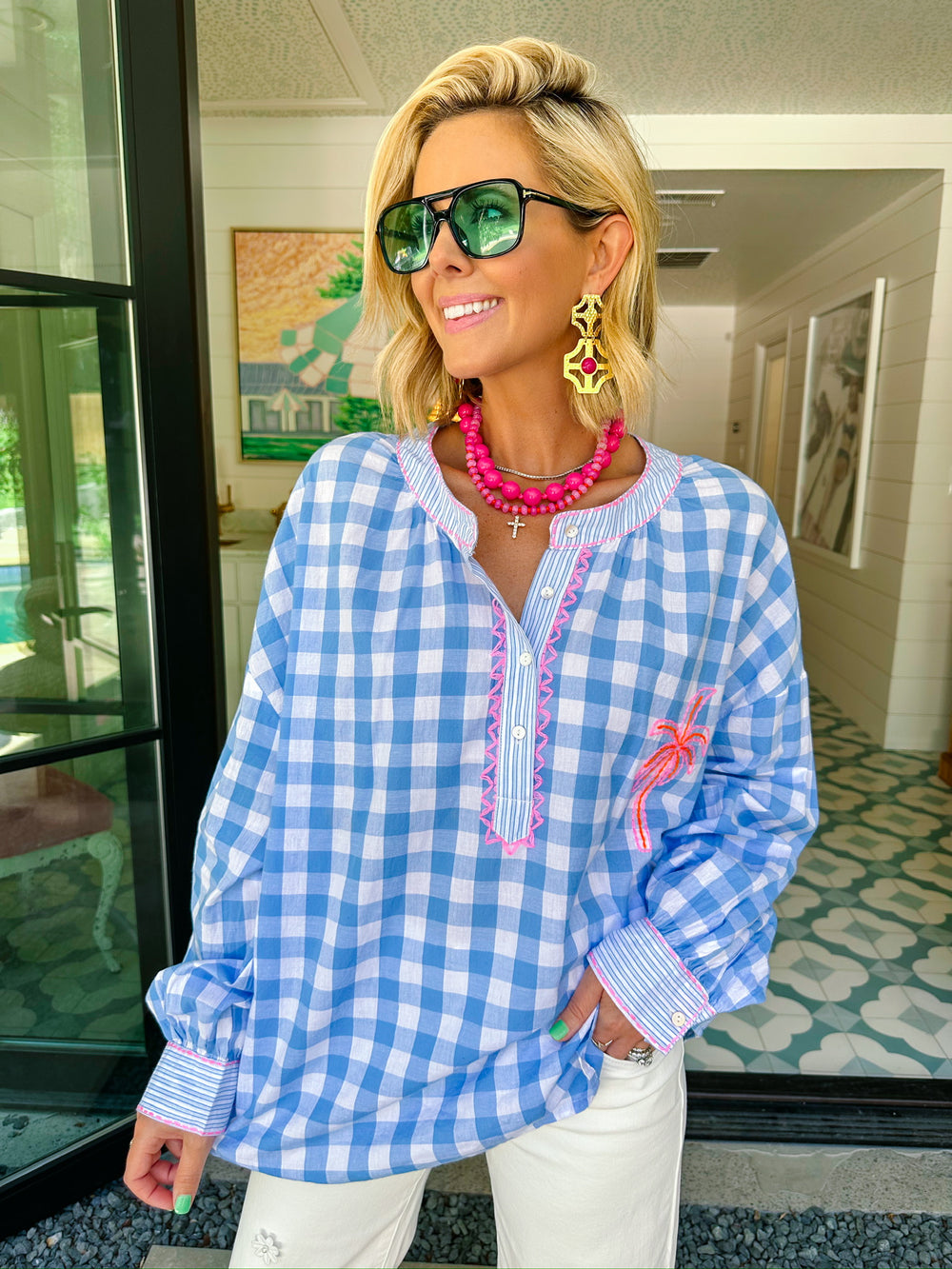 HIDDEN PARADISE PALMS GINGHAM LONGSLEEVE TOP - BLUE