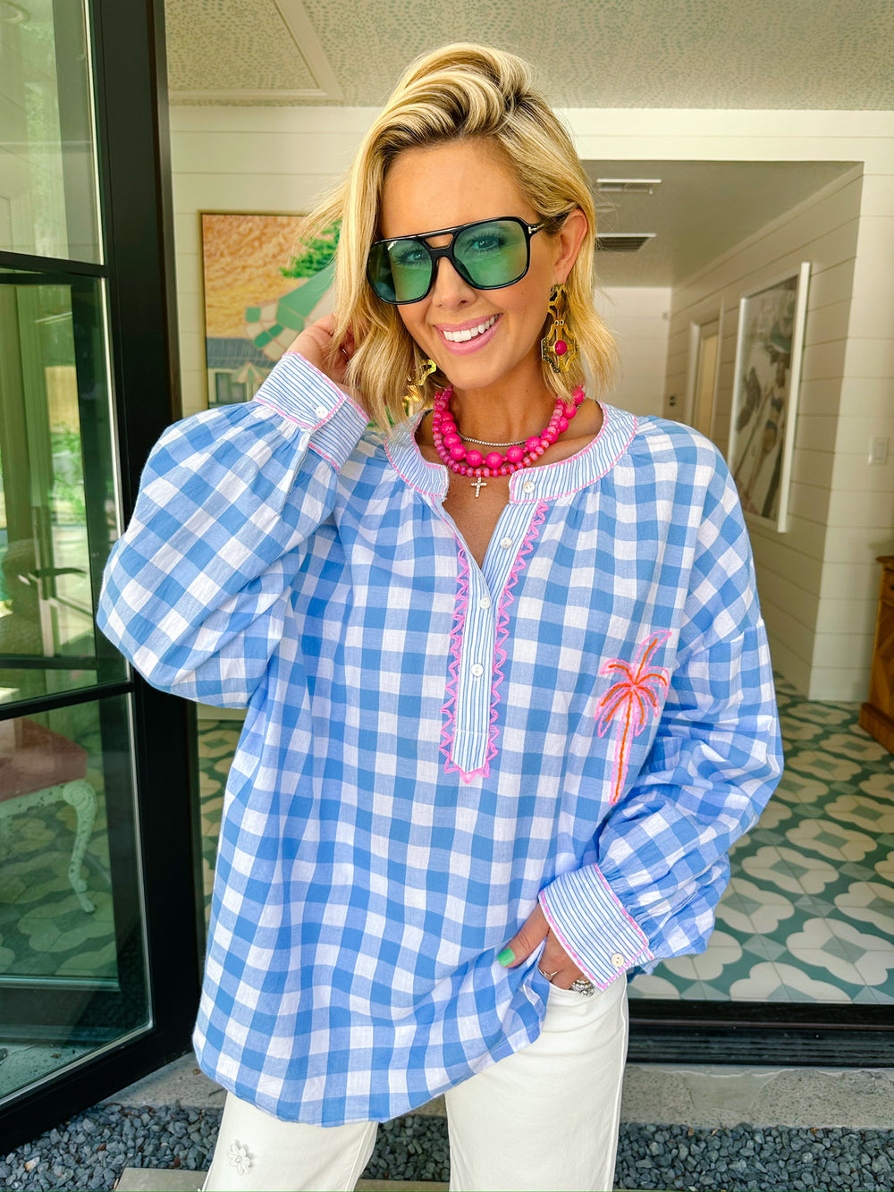 HIDDEN PARADISE PALMS GINGHAM LONGSLEEVE TOP - BLUE