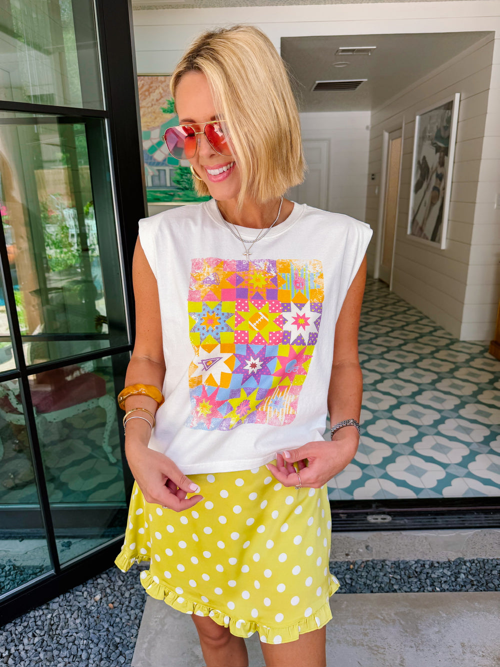 QUILTED FOOTBALL MUSCLE TEE - IVORY