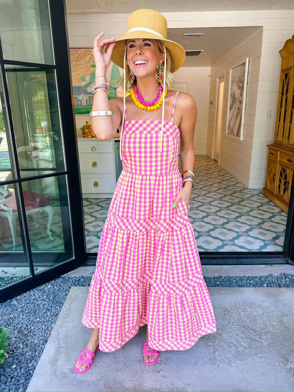 GOOD MOOD GINGHAM MIDI DRESS - PINK/YELLOW
