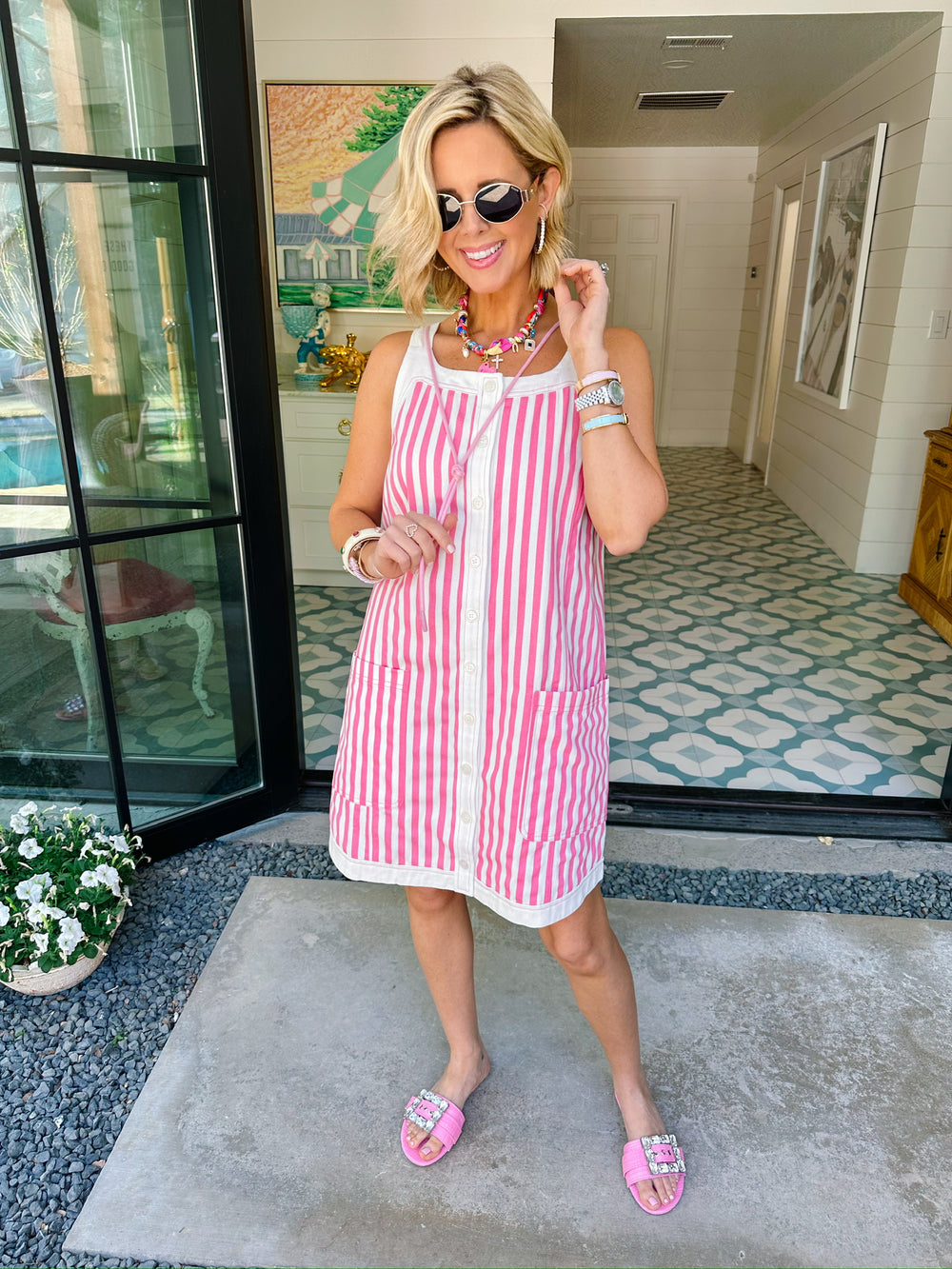 KRISTEN STRIPE BUTTON UP DRESS - PINK