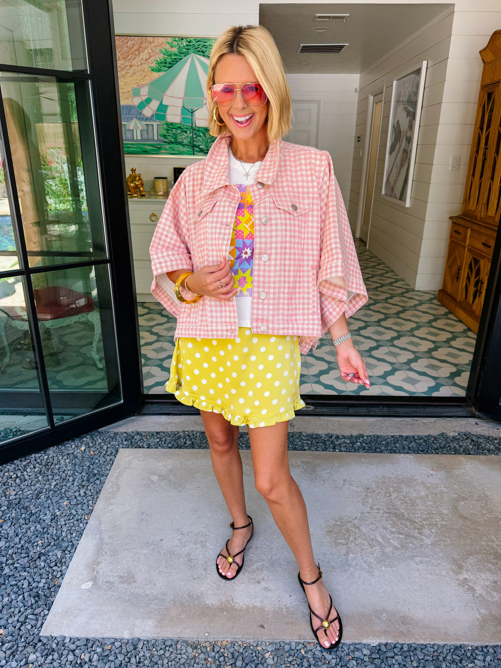 GIA GINGHAM CAPE DENIM JACKET - PINK