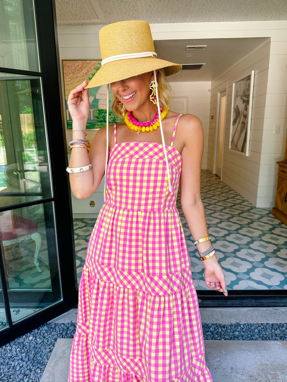 GOOD MOOD GINGHAM MIDI DRESS - PINK/YELLOW