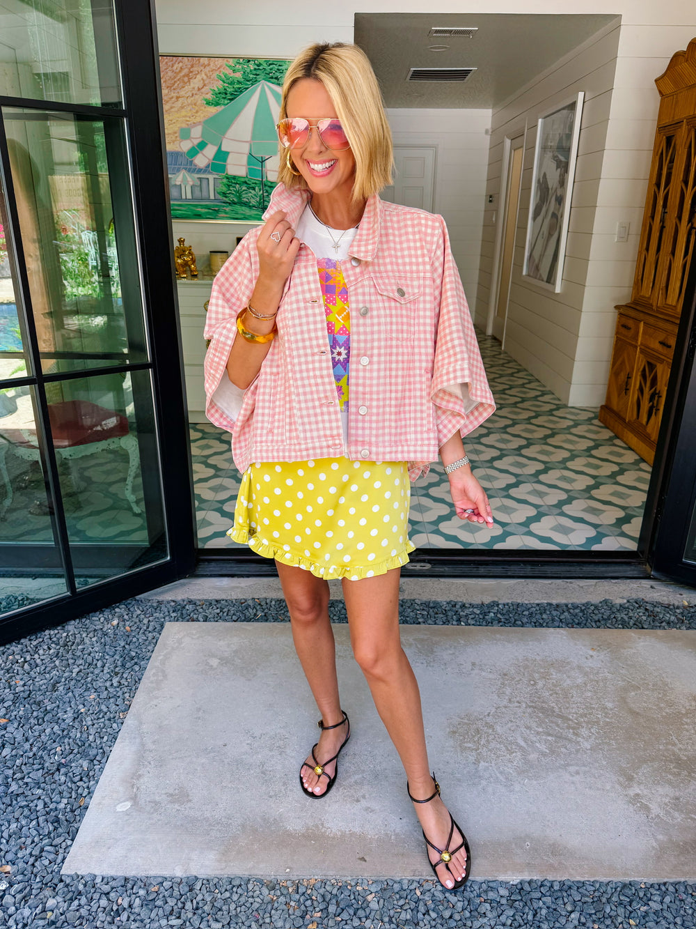 GIA GINGHAM CAPE DENIM JACKET - PINK