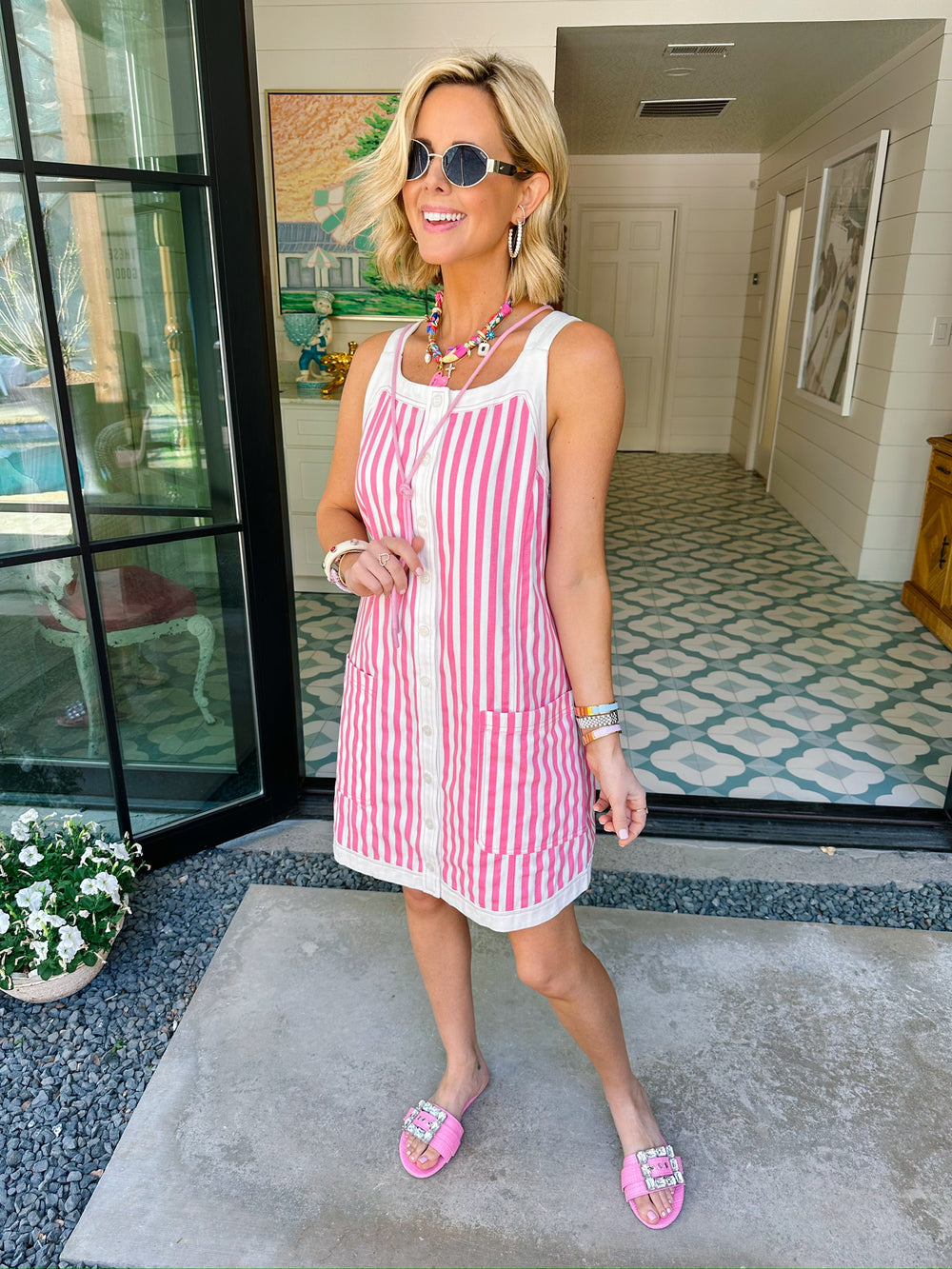 KRISTEN STRIPE BUTTON UP DRESS - PINK