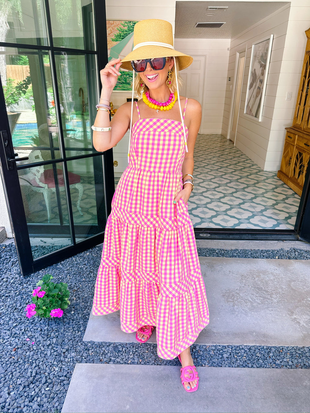 GOOD MOOD GINGHAM MIDI DRESS - PINK/YELLOW