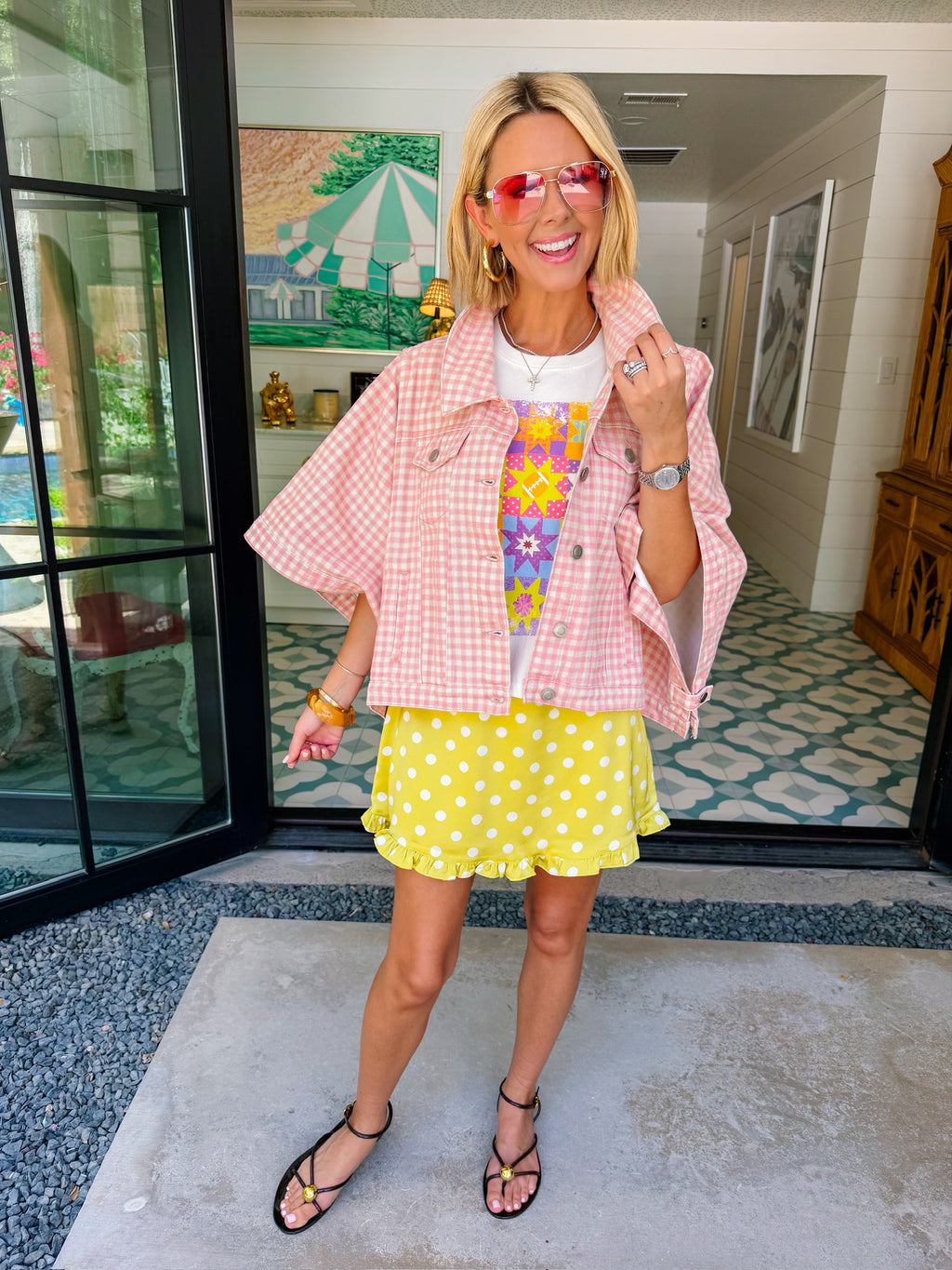 GIA GINGHAM CAPE DENIM JACKET - PINK