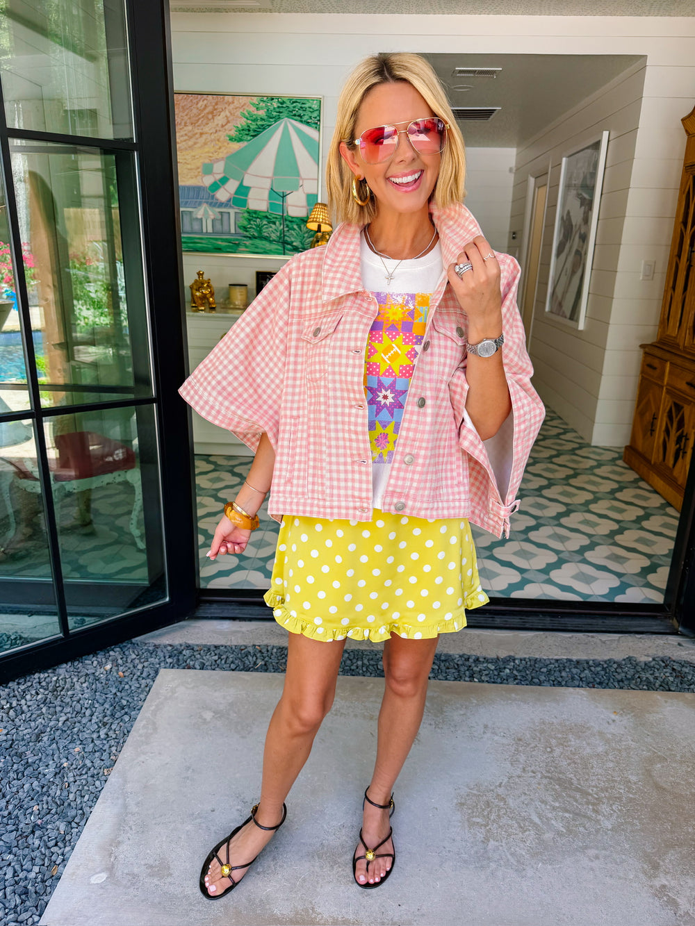 GIA GINGHAM CAPE DENIM JACKET - PINK