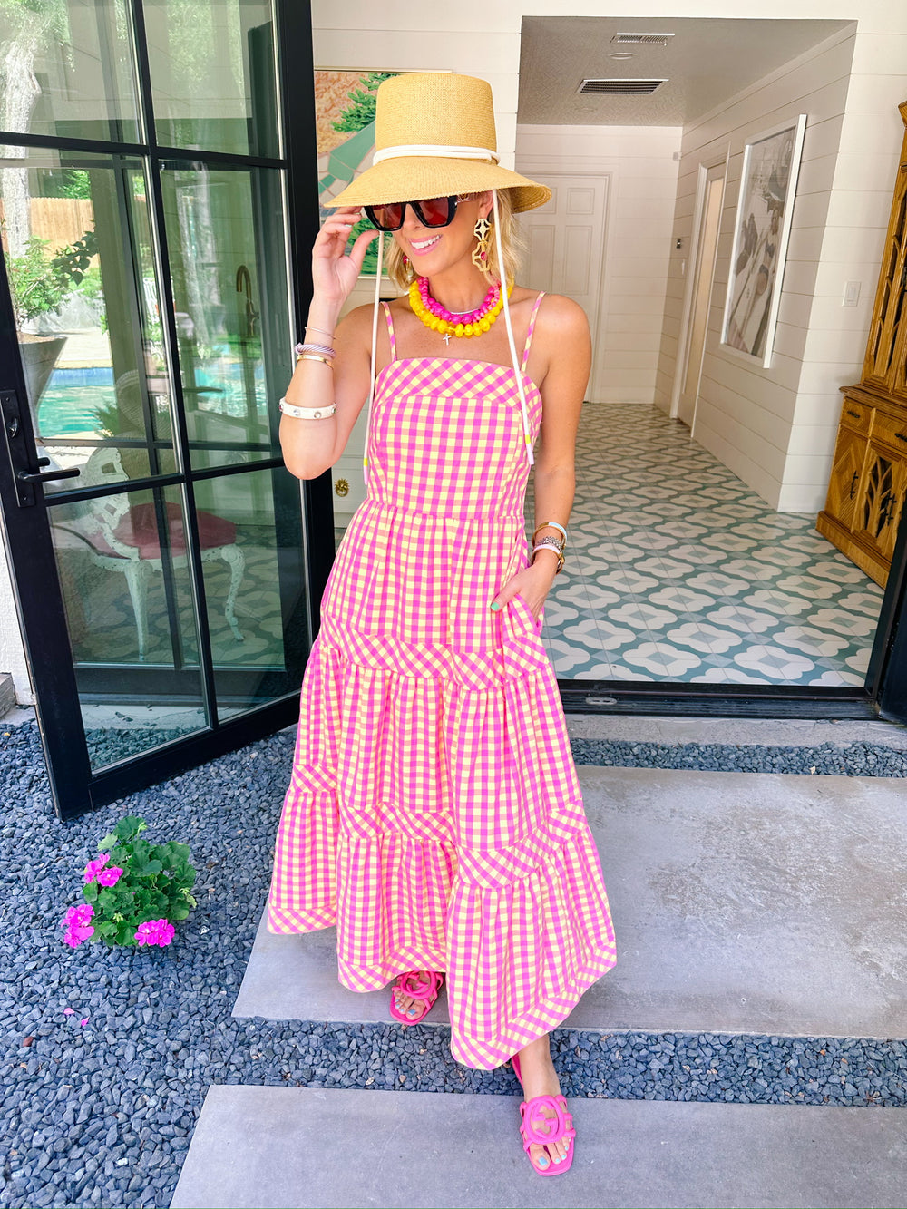 GOOD MOOD GINGHAM MIDI DRESS - PINK/YELLOW