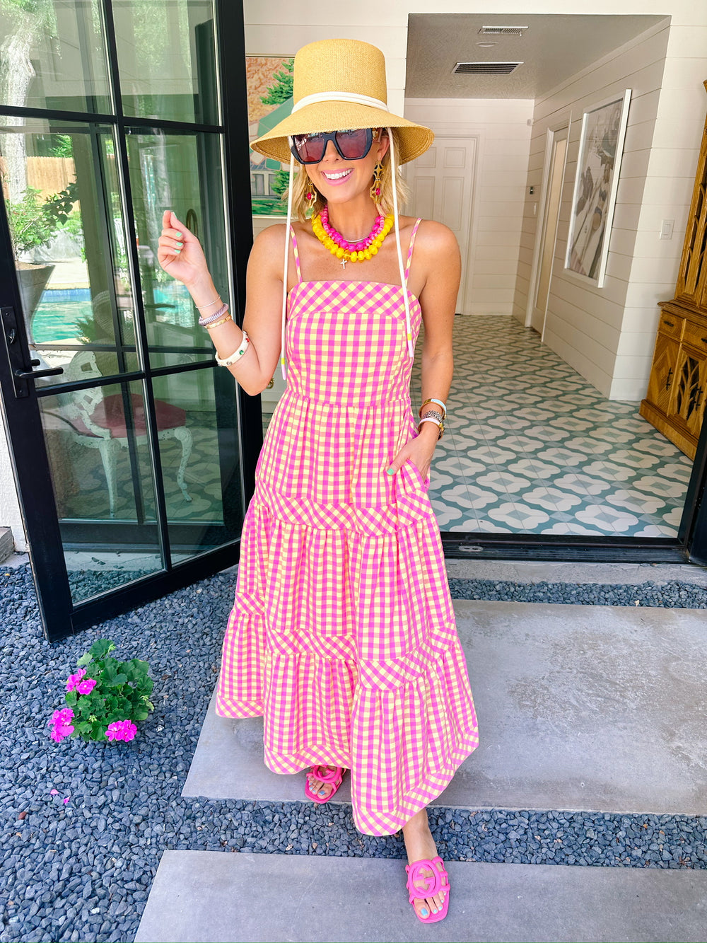 GOOD MOOD GINGHAM MIDI DRESS - PINK/YELLOW