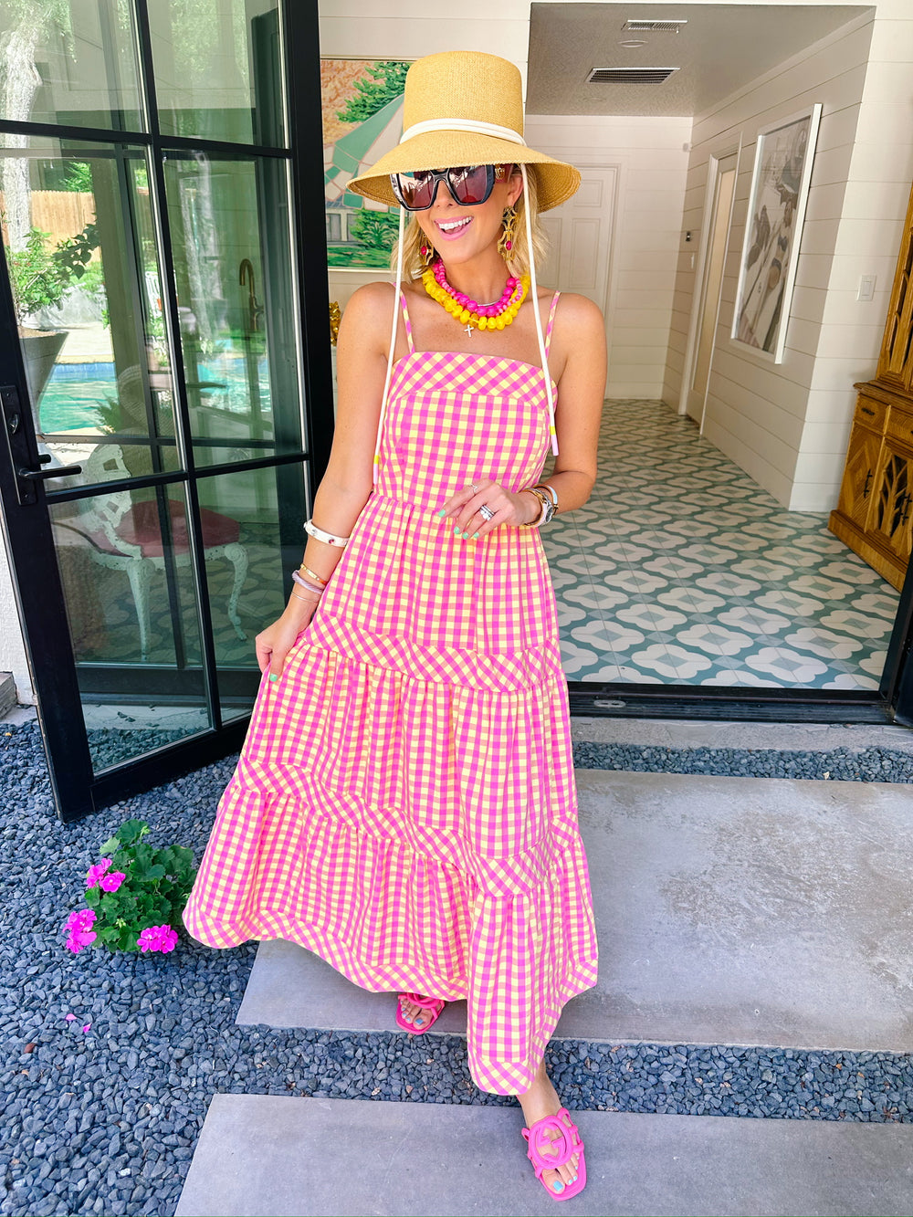 GOOD MOOD GINGHAM MIDI DRESS - PINK/YELLOW