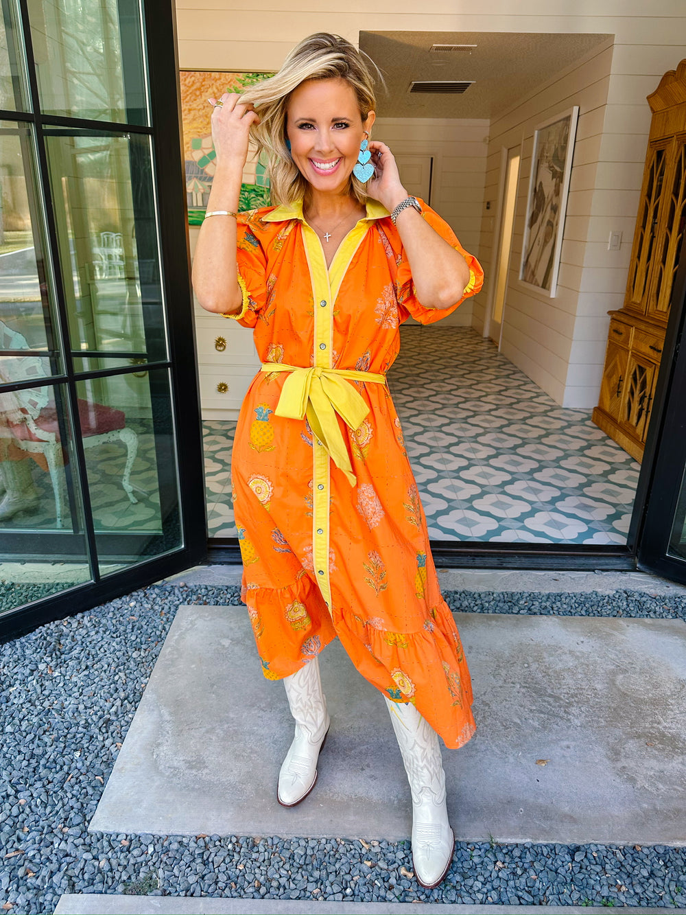 TANGERINE TREAT FLORAL BUTTON UP MIDI DRESS