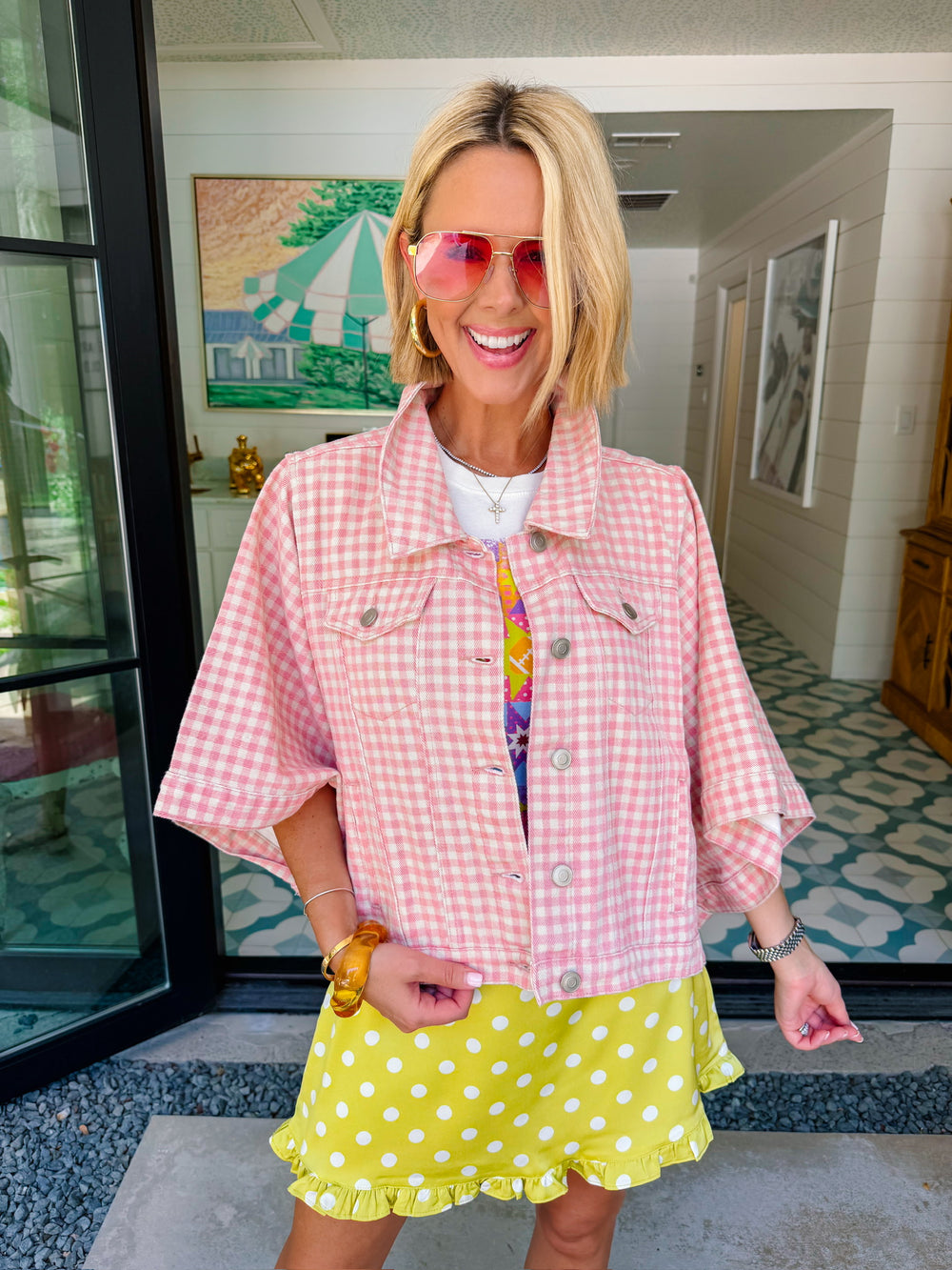 GIA GINGHAM CAPE DENIM JACKET - PINK