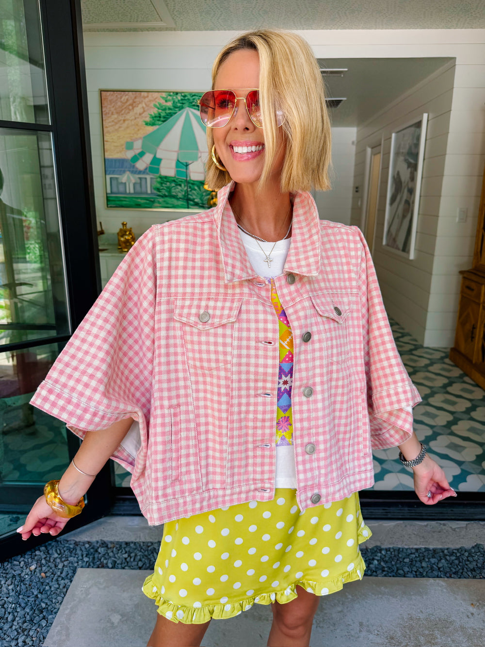 GIA GINGHAM CAPE DENIM JACKET - PINK