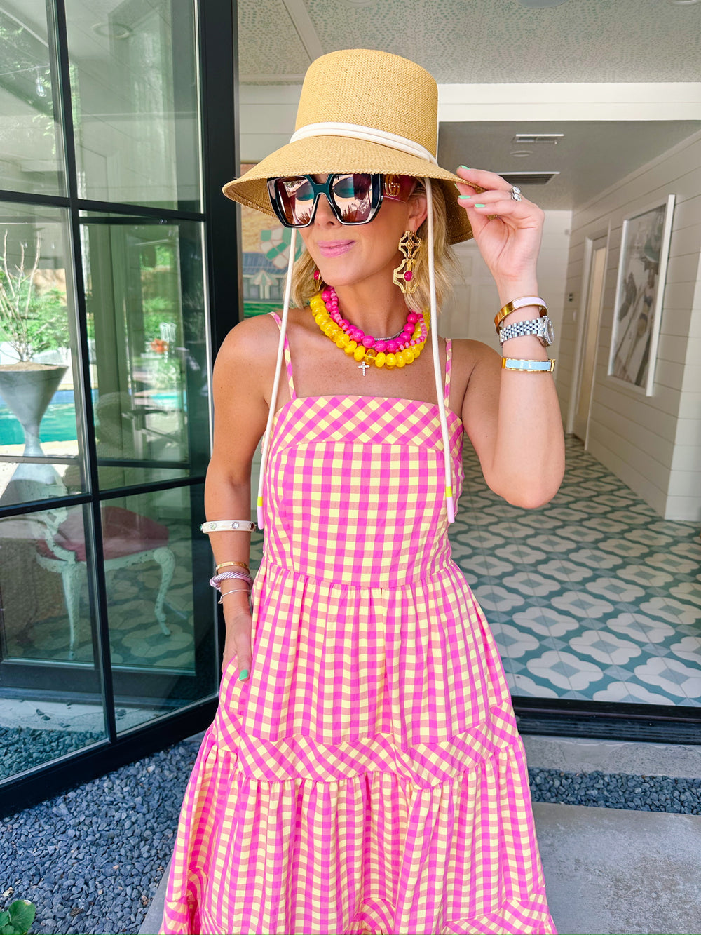 GOOD MOOD GINGHAM MIDI DRESS - PINK/YELLOW
