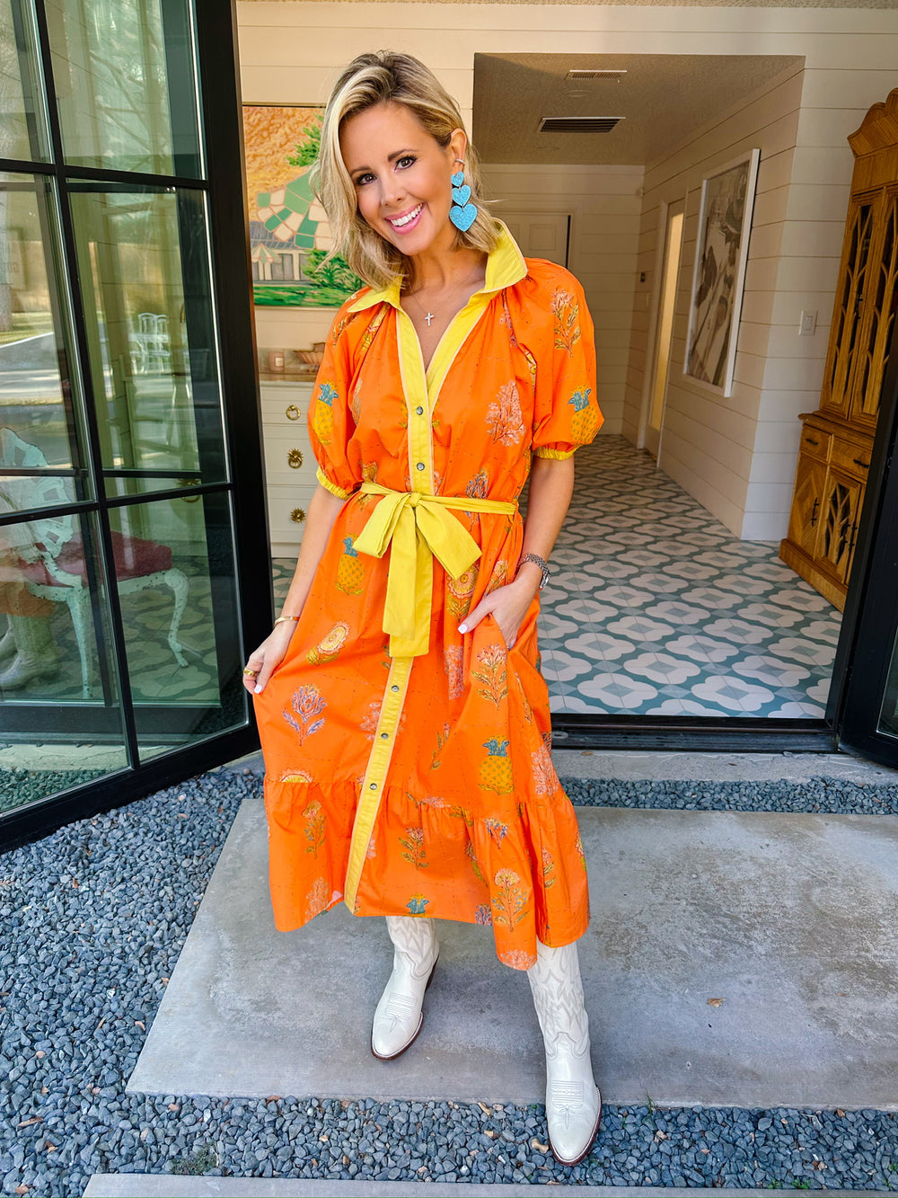TANGERINE TREAT FLORAL BUTTON UP MIDI DRESS