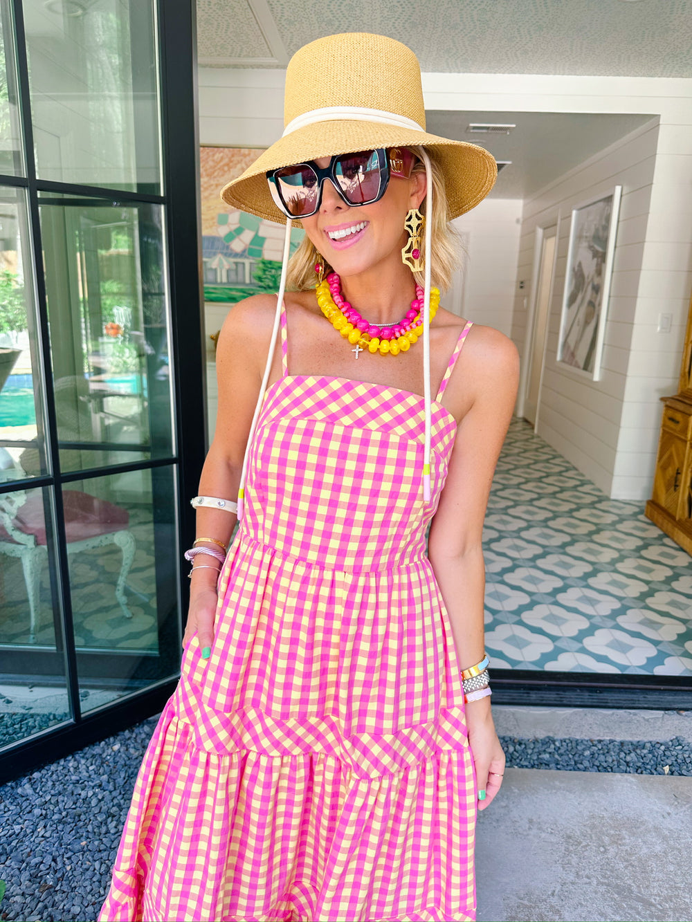 GOOD MOOD GINGHAM MIDI DRESS - PINK/YELLOW