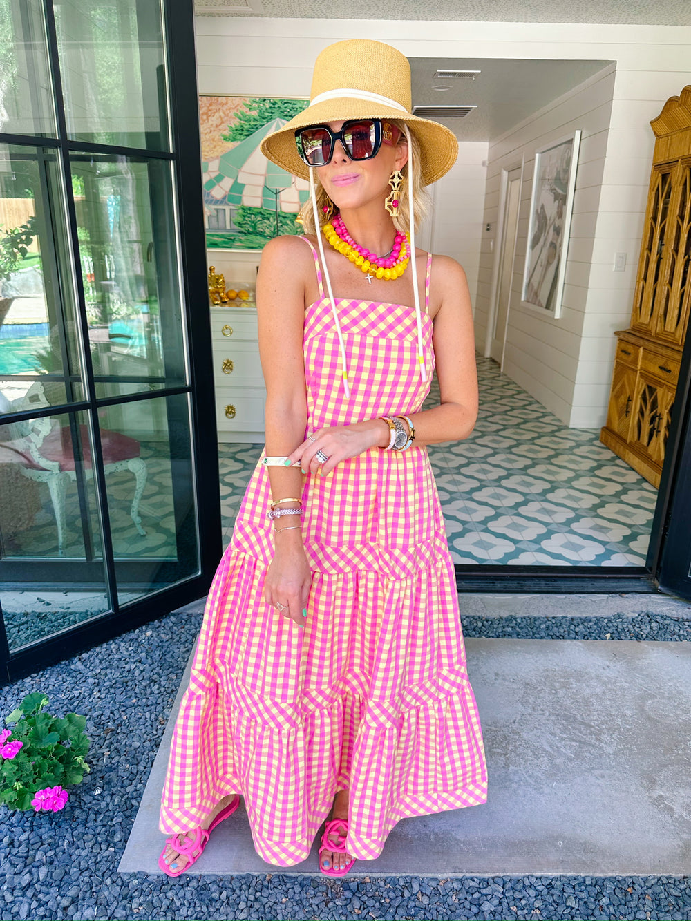 GOOD MOOD GINGHAM MIDI DRESS - PINK/YELLOW
