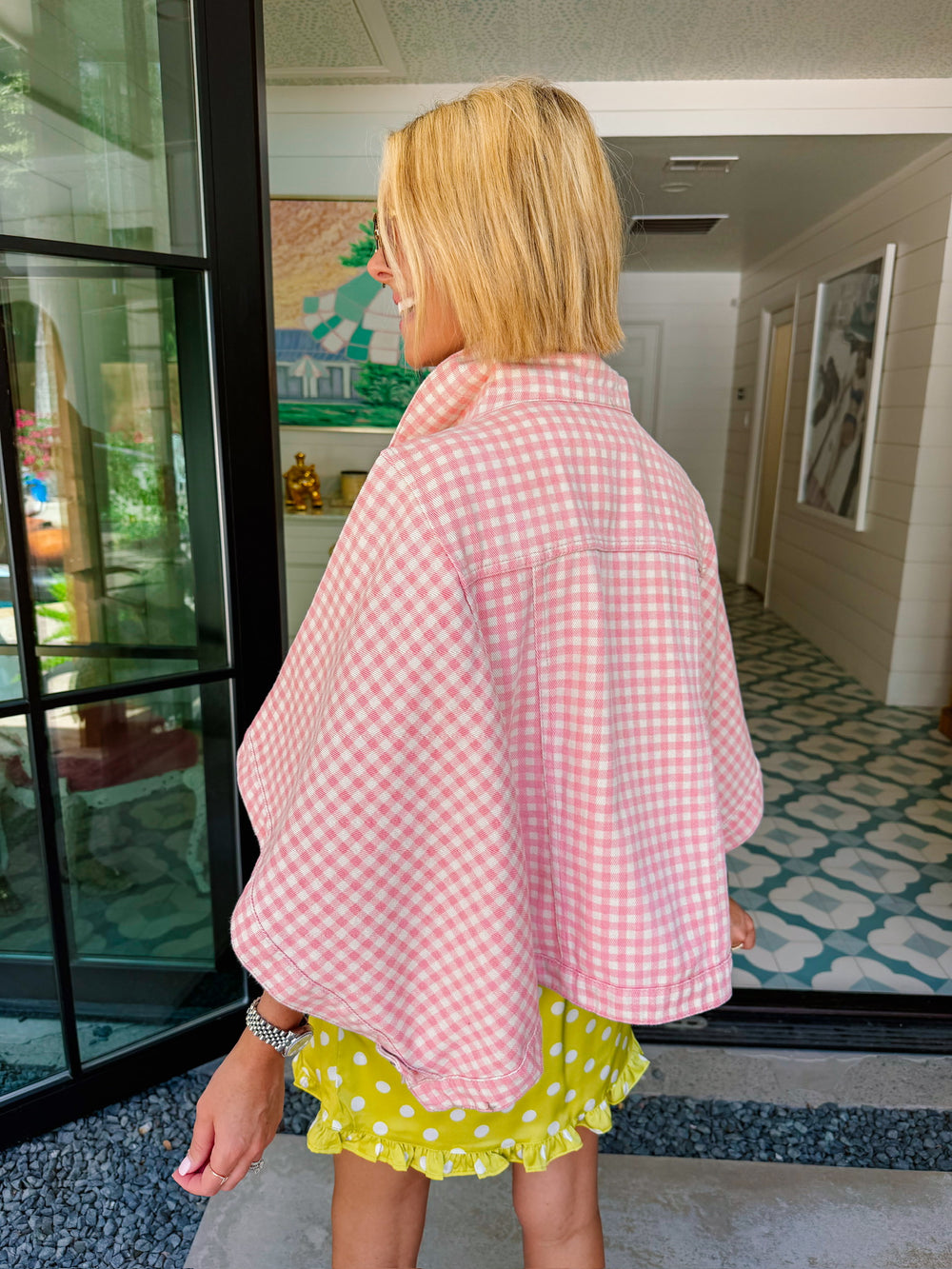 GIA GINGHAM CAPE DENIM JACKET - PINK