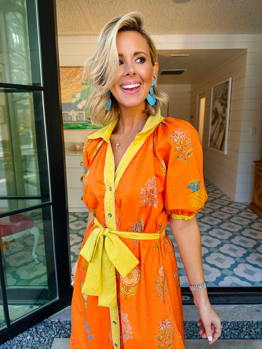 TANGERINE TREAT FLORAL BUTTON UP MIDI DRESS