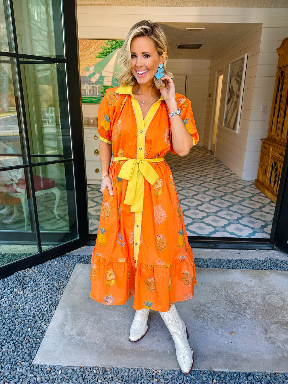 TANGERINE TREAT FLORAL BUTTON UP MIDI DRESS