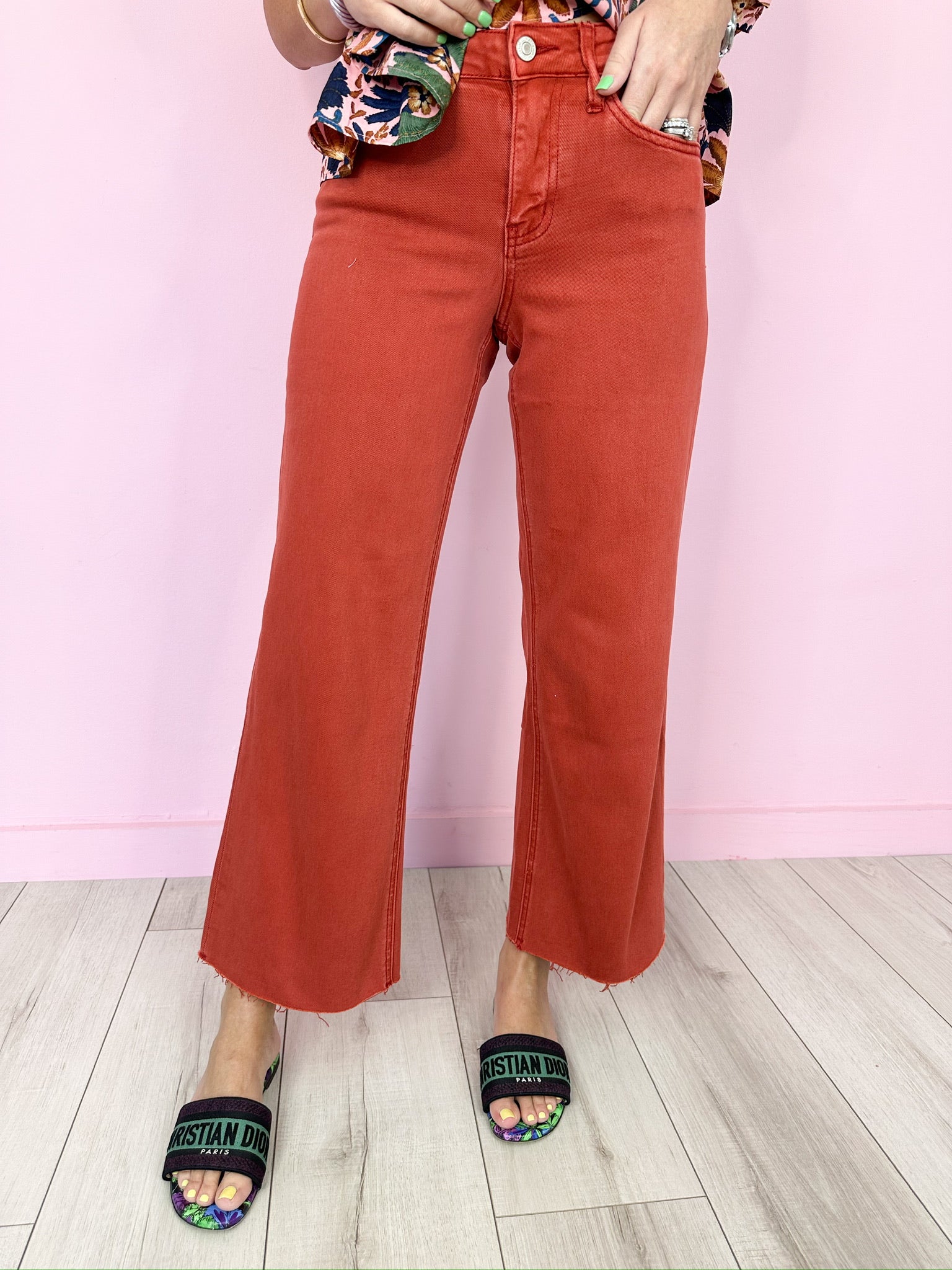 OLIVIA HIGH RISE WIDE LEG JEAN - RUST RED