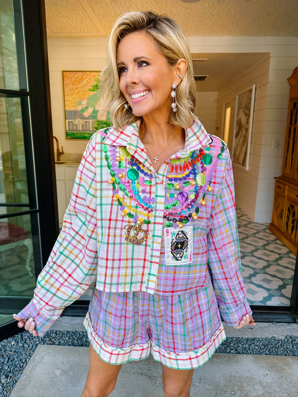 MARDI GRAS BEADS PLAID BUTTON UP TOP