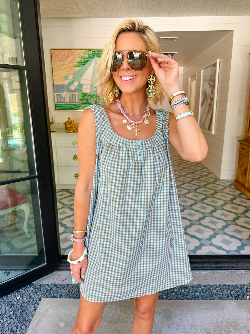 LITTLE MOMENTS LIKE THIS GINGHAM DRESS - BLUE/BROWN