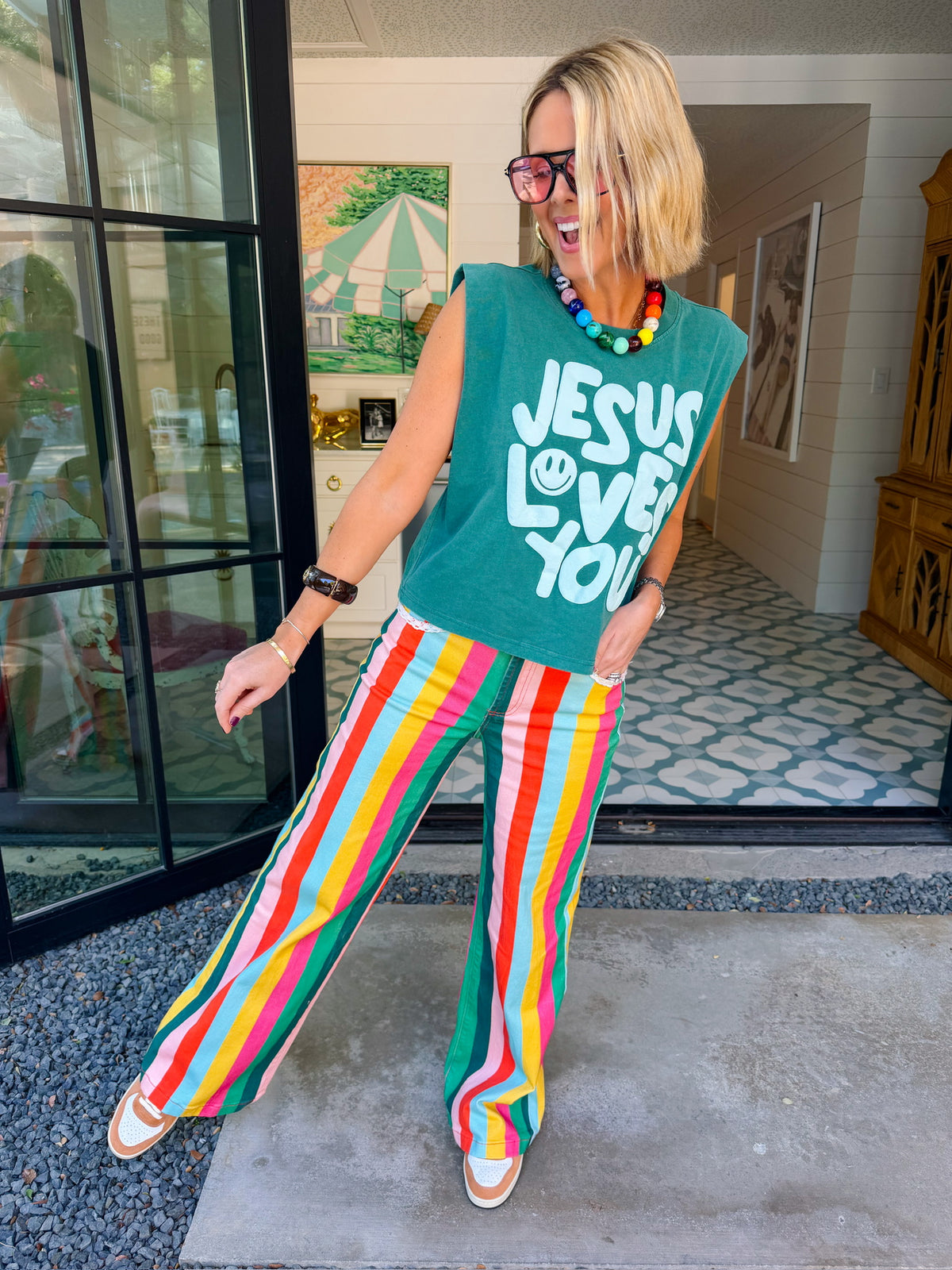 HOLIDAY HUES LACE TRIM STRIPE JEANS