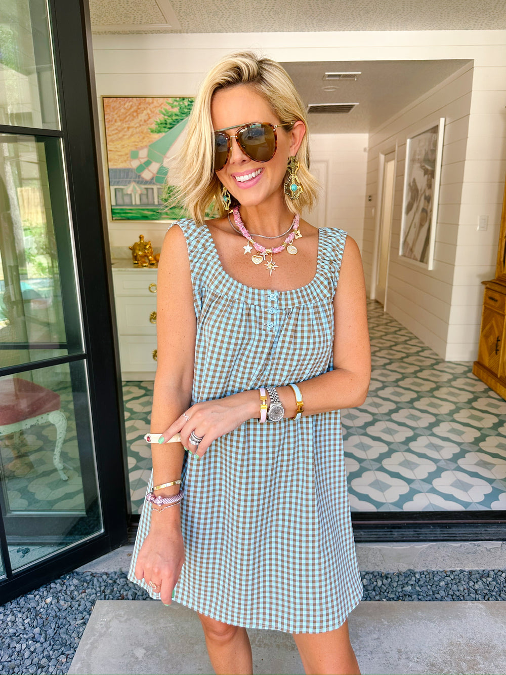 LITTLE MOMENTS LIKE THIS GINGHAM DRESS - BLUE/BROWN