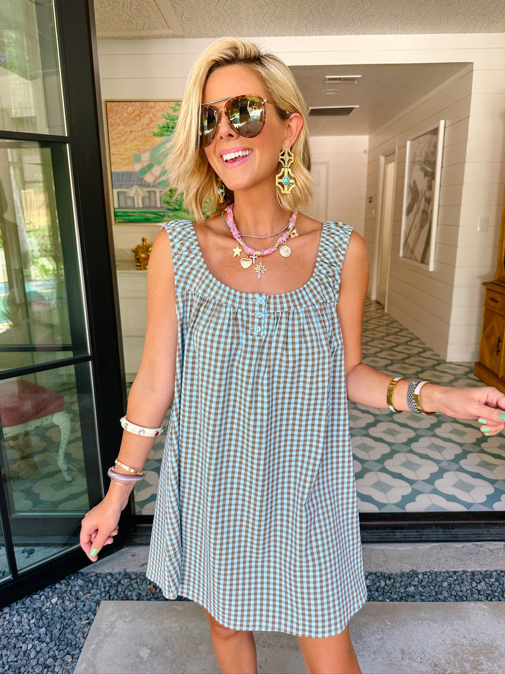 LITTLE MOMENTS LIKE THIS GINGHAM DRESS - BLUE/BROWN