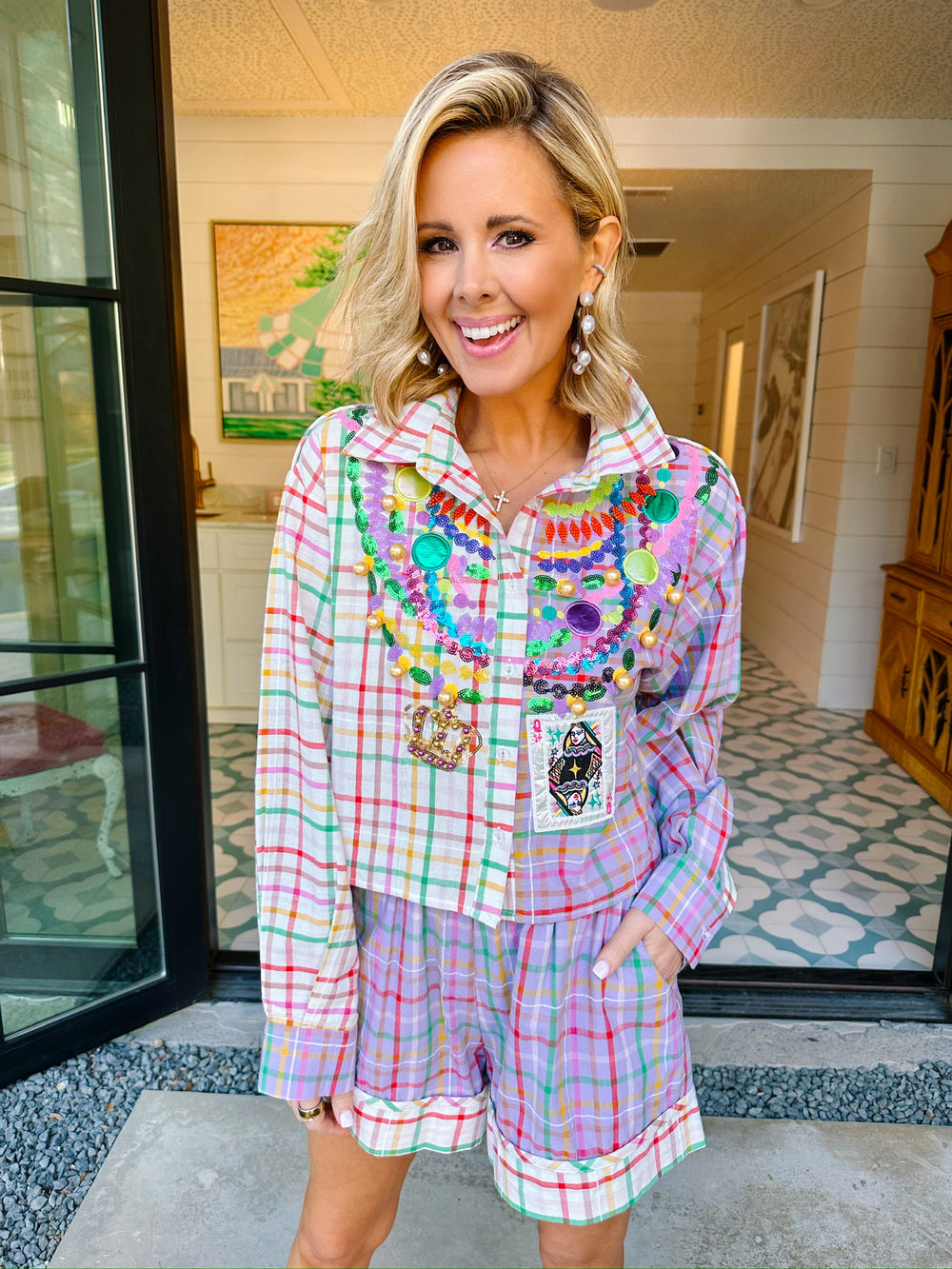 MARDI GRAS BEADS PLAID BUTTON UP TOP