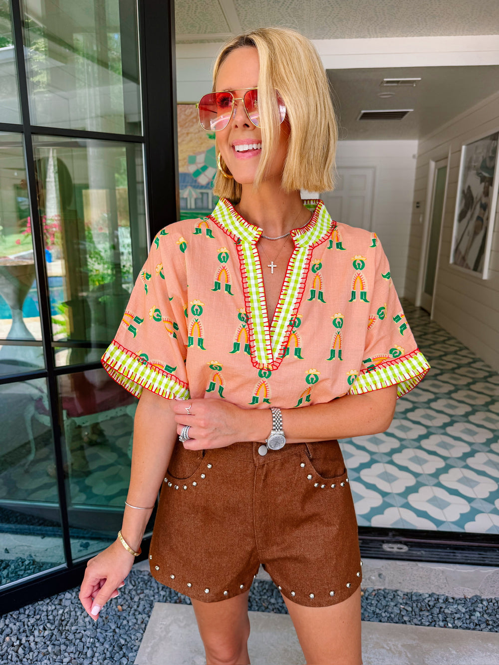 RIDING CLUB STITCH TRIM TOP - PEACH