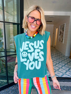 JESUS LOVES YOU SMILEY MUSCLE TEE - TEAL