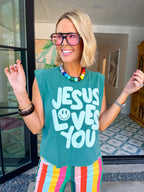 JESUS LOVES YOU SMILEY MUSCLE TEE - TEAL