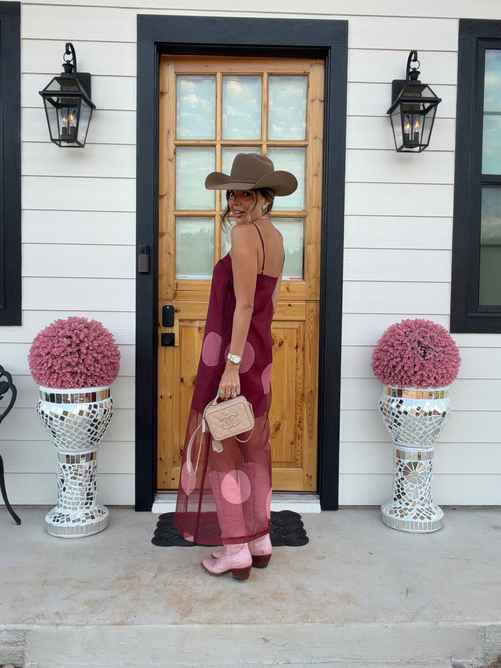 MORE THAN MEETS THE EYE POLKA DOT SHEER MIDI DRESS - BURGUNDY
