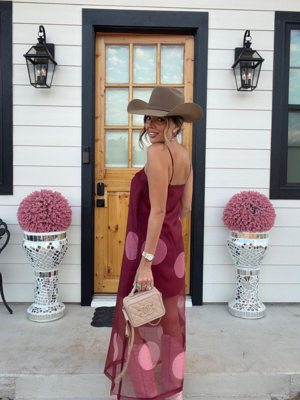 MORE THAN MEETS THE EYE POLKA DOT SHEER MIDI DRESS - BURGUNDY