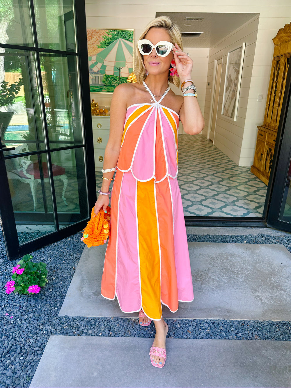 SUZIE SCALLOPED HALTER TOP MIDI SKIRT SET - PEACH